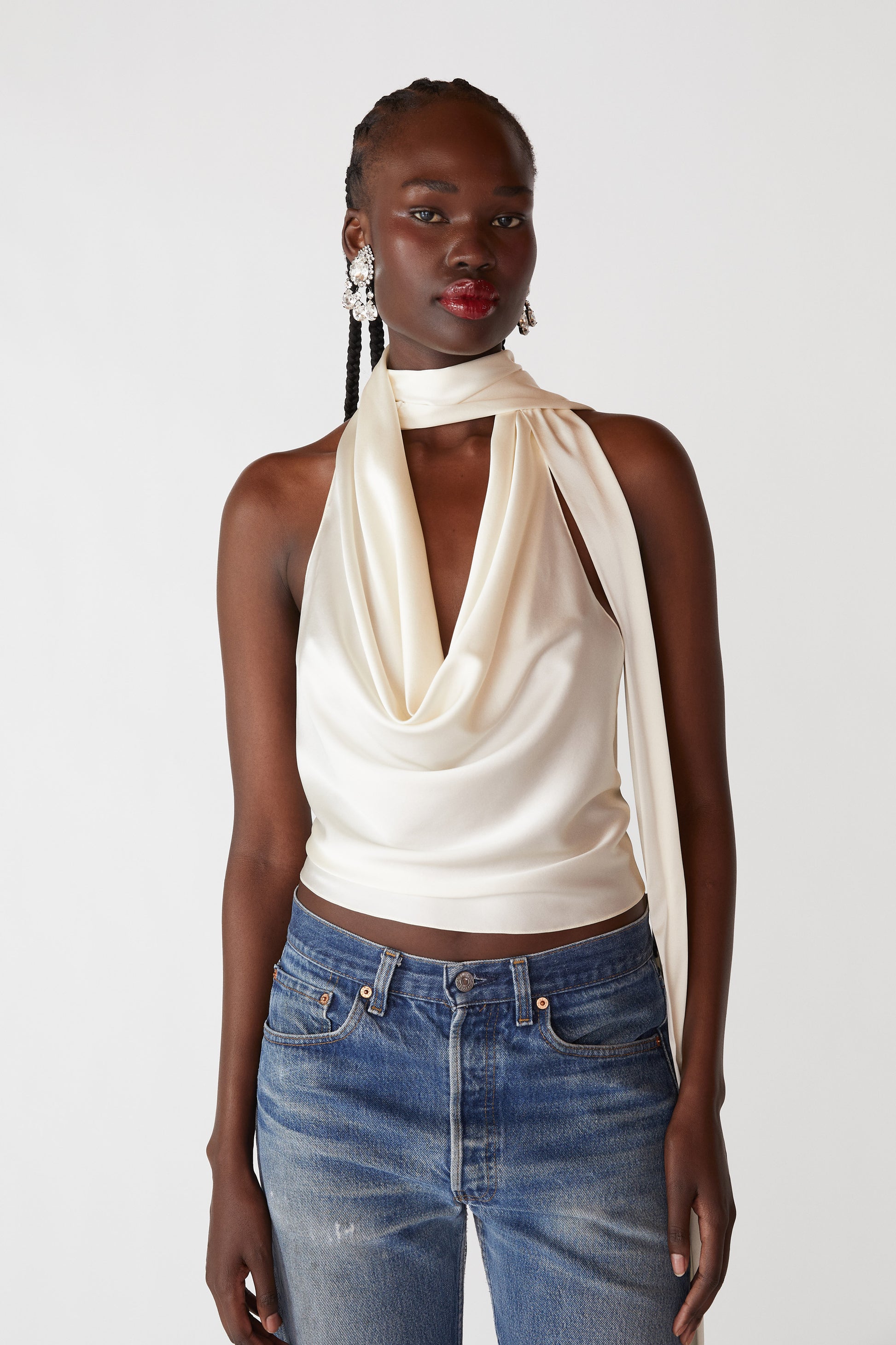 cowl neck halter top dress BEST IN CLASS: With its dramatic drapery and rich ivory satin, our Cowl Neck Halter is our Spring Collection's top seller for a reason. #BCBGMAXAZRIASPRING