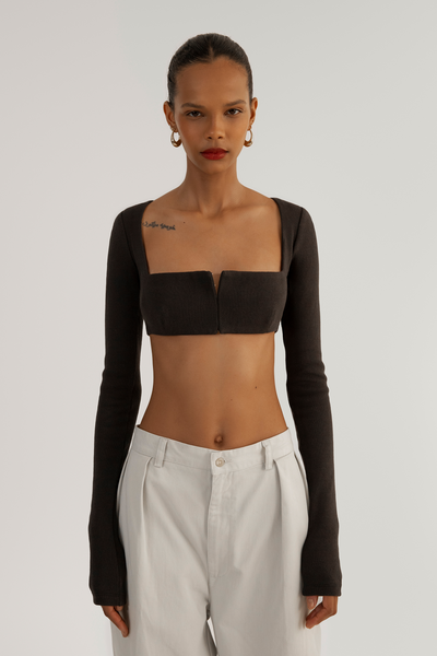 Black Crop Top, Hook and Eye Front Closure, Square Neck, Long